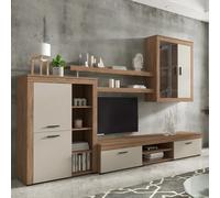 Parete Attrezzata Da Soggiorno Salotto Moderna Con Ante Mensole Vani A Giorno Vetrinetta Mobile TV Design Moderno Moduli Sospesi 293 x 193 x 50 Cm Bianco E Rovere Scuro