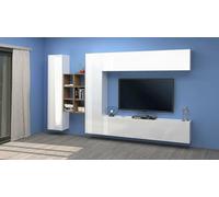 Parete attrezzata Danilo, Set Salotto Porta TV a 4 Ante, Mobile Soggiorno Multiuso, 100% Made in Italy, cm 280x30h180, Bianco Lucido e Acero