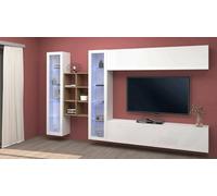 Parete attrezzata Demetrio, Set Salotto Porta TV a 4 Ante, Mobile Soggiorno Multiuso, 100% Made in Italy, cm 280x30h180, Bianco Lucido e Acero