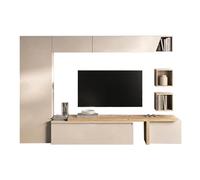 Parete Attrezzata Soggiorno Design Moderno 300x186 cm Composto da 1 Colonna Pensili Sospesi e Mobile Porta TV con Cassetto Beige e Rovere PAL77