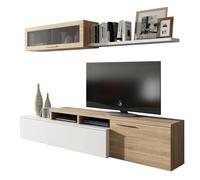 Parete Attrezzata Soggiorno Moderna Salotto con Mobile TV Modulo Sospeso Con Anta in Vetro Fumé E Mensola Stile Scandinavo Moderno 200 x 43 x 41 Cm Bianco e Rovere