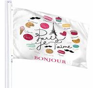 Parigi Flag Decor 3x5 Ft Torre Eiffel Cuore Doodle Dessert Simbolo Tour francese Cibo Bonjour Poliestere Stampato Motivo Decorazioni per esterni per case e giardini