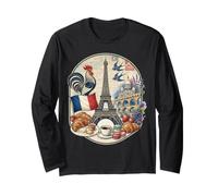 Parigi Francia Torre Eiffel Gallo Croissant caffè Vintage G Maglia a Manica