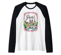 Parigi Torre Eiffel Rose Frame Illustrazione Souvenir Maglia con Maniche Raglan