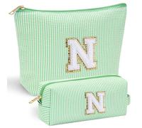 Parima Borsa cosmetica da donna e ragazza, 2 pezzi da viaggio, beauty case, per ragazze, con lettere personalizzate, per cosmetici, regalo di compleanno per donne, ragazze, fidanzate, mamma, verde, N