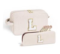 Parima Trousse cosmetiche da donna e ragazza, 2 pezzi, borsa per trucchi personalizzata, con lettere dalla A alla Z, regalo di compleanno per ragazze, donne, fidanzate, sorelle (beige, rosa, viola
