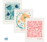 Paris Amsterdam Tokyo Retro Floral Art Posters Set di 3 -12X16/16X20/18X24/24X36