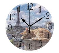 Paris Eiffel Tower View And Cat Rotondo Orologio Da Parete Silenzioso Rotondo Orologio Da Parete Facile Lettura Orologi Da Appendere Per Casa Interno Ufficio 25Cm