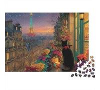 Paris Night View 1000 Pezzi Puzzle Relax Adulti Vicolo Parigino con Gatto Nero e Vista sulla Torre Eiffel Premium Robusto Alta Qualità Stimolante Antistress 52x38cm/1000pz