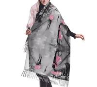 Paris Street Tour Eiffel Rosa Floreale Cashmere Franges Sciarpa da Donna - Sciarpa Moda Wrap, Collo traspirante, Lunga Coperta Sciarpa per Autunno e Inverno, Nero, Taglia unica, Nero/Bianco, Taglia