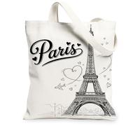 Paris Tower, borsa tote in tela da donna, romantica, chic, con cuori e aeroplano, nessuna nera, lavabile, riutilizzabile, con grafica, idea per familiari, amici, colleghi, lettura di amori, 33 x 38 cm