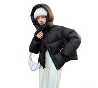 Parka da donna, con cappuccio, corto, a maniche lunghe, con cerniera, ampio, casual, per autunno e inverno, nero e bianco (L nero)