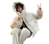 Parka da donna, con cappuccio, corto, a maniche lunghe, con cerniera, ampio, casual, per autunno e inverno, nero, bianco, XL