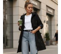 Parka da donna per la mezza stagione, vita regolabile, doppia cerniera e bottoni automatici, cappuccio non rimovibile con coulisse regolabile, lunghezza fino a metà coscia, con tasche laterali, fodera