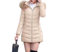 Parka da donna Slim Fit Mid Long Zip anteriore invernale con cappuccio | Uno strato imbottito beige a metà coscia che offre una copertura calda e un look su misura per le giornate fredde.