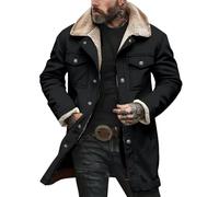 Parka da uomo foderato in sherpa nero, lunghezza media, cappotto invernale con chiusura a bottone, tasche con patta e tasche, trench lungo antivento, capispalla vintage per il freddo, Nero , XL