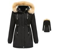 Parka invernale da donna, foderato in pile, parka da donna, con cerniera intera, coulisse e cappuccio rimovibile, Nero , M