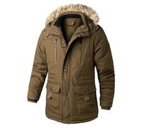 Parka invernale da uomo con cappuccio in pelliccia, antivento, spesso, caldo, stile militare, foderato in pile, Marrone, XL