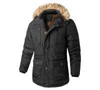 Parka invernale da uomo con cappuccio in pelliccia, antivento, spesso, caldo, stile militare, foderato in pile, Nero , L