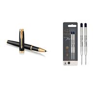 PARKER 1931659 IM Penna Roller, Punta Fine e Ricarica di Inchiostro Nero, Black Lacquer Golden Trim & Quinkflow ricarica per penna a sfera, punta media, nero, confezione da 2