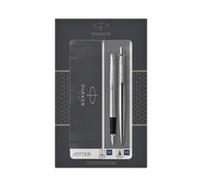 Parker Jotter Duo set regalo con penna a sfera e penna stilografica | acciaio inossidabile con finiture cromate | cartucce e ricarica di inchiostro blu | confezione regalo