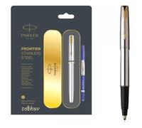Parker Frontier Steel GT Roller Ball RB Pen Gold Trim Rollerball Blue Pennino...