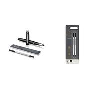 Parker IM Penna Roller, Punta Fine e Ricarica di Inchiostro Nero, Black Lacquer Chrome Trim + Ricarica per Penna Roller, Punta Media, Confezione da 2 Pezzi, Nero