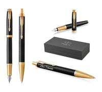 PARKER IM Premium Penna stilografica e penna a sfera con incisione | penna premium | confezione regalo | inchiostro blu | regalo personalizzato | anniversario (nero/oro G.C.)