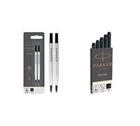 PARKER ricarica per penna roller, punta media, nero, confezione da 2 & Quink ricariche per penne stilografiche, cartucce lunghe, inchiostro nero, confezione da 5