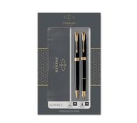 PARKER Sonnet Duo Set con Penna a Sfera e Penna Stilografica con Finiture in Oro, Nero (Lucido), Cartucce e Ricarica di Inchiostro Nero, Confezione Regalo