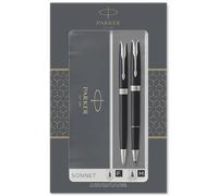 PARKER Sonnet Duo Set Regalo con Penna a Sfera e Penna Roller, Nero (Lucido) con Finiture Cromate, Cartuccia e Ricarica di Inchiostro Nero, Confezione Regalo