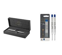 PARKER Sonnet Penna a Sfera, Acciaio Inossidabile con Finiture in Palladio, Pennino Medio, Confezione Regalo & Quinkflow ricarica per penna a sfera, punta media, blu, confezione da 2
