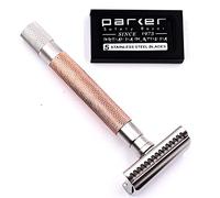 Parker, THE SEMI SLANT, rasoio di sicurezza Double Edge e 5 ricariche per lame Parker - Manico in ottone massiccio placcato oro rosa - Offre una rasatura da barbiere a casa
