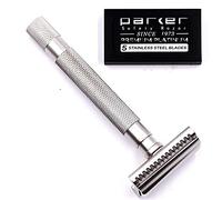 Parker, THE SEMI SLANT, rasoio di sicurezza Double Edge e 5 ricariche per lame Parker - Manico in ottone massiccio cromato satinato elettrolitico - Offre una rasatura da barbiere a casa