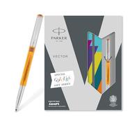 Parker Vector Metallix - Penna a sfera e taccuino con finiture cromate, corpo arancione traslucido, inchiostro blu, punta media, set regalo ideale per professionisti e studenti