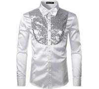 PARKLEES Camicia a maniche lunghe in raso lucido simile alla seta da uomo per feste, serate in discoteca, ballo di fine anno, L