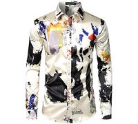 PARKLEES Camicia casual da uomo in raso con bottoni e stampa in seta per feste e matrimoni, Cl12-Beige, L