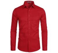 PARKLEES Camicia da uomo a manica lunga, tinta unita, Slim Fit, casual, da lavoro, formale, con bottone e tasca, Rosso, XL