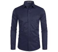 PARKLEES Camicia da uomo a manica lunga, tinta unita, Slim Fit, casual, da lavoro, formale, con bottone e tasca, blu navy, L