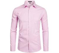 PARKLEES Camicia da uomo a manica lunga, tinta unita, Slim Fit, casual, da lavoro, formale, con bottone e tasca, rosa, S