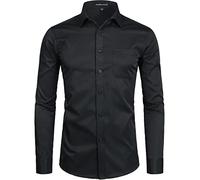 PARKLEES Camicia da uomo a manica lunga, tinta unita, Slim Fit, casual, da lavoro, formale, con bottone e tasca, Nero , M