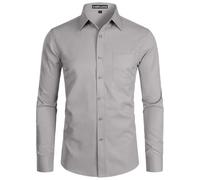 PARKLEES Camicia da uomo a manica lunga, tinta unita, Slim Fit, casual, da lavoro, formale, con bottone e tasca, Grigio, XL