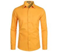 PARKLEES Camicia da uomo a manica lunga, tinta unita, Slim Fit, casual, da lavoro, formale, con bottone e tasca, Oro giallo, M