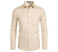 PARKLEES Camicia da uomo a manica lunga, tinta unita, Slim Fit, casual, da lavoro, formale, con bottone e tasca, Beige, XXL