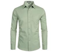 PARKLEES Camicia da uomo a manica lunga, tinta unita, Slim Fit, casual, da lavoro, formale, con bottone e tasca, Verde salvia, S
