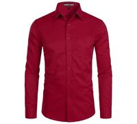 PARKLEES Camicia da uomo a manica lunga, tinta unita, Slim Fit, casual, da lavoro, formale, con bottone e tasca, Rosso bordeaux., S