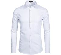 PARKLEES Camicia da uomo a manica lunga, tinta unita, Slim Fit, casual, da lavoro, formale, con bottone e tasca, bianco, L