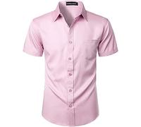PARKLEES - Camicia da uomo a maniche corte con bottoni e tasca, vestibilità aderente, stile casual, urbano, elegante, Rosa, L
