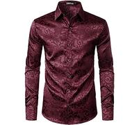 PARKLEES Camicia da uomo a maniche lunghe in jacquard di lusso, vestibilità aderente, in raso, con stampa floreale, per feste di nozze e balli, Bordeaux, S
