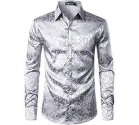PARKLEES Camicia da uomo a maniche lunghe slim fit con stampa floreale di lusso, tessuto di raso simile alla seta, versatile da indossare per matrimoni, feste, balli, affari, casual - XL, Argento, M
